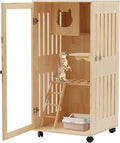 Large Wooden Cat House with LED Light, Scratching Post and Wheels, Indoor and Outdoor, 23.62 x 23.62 x 47.24 Inches