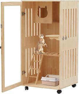 Large Wooden Cat House with LED Light, Scratching Post and Wheels, Indoor and Outdoor, 23.62 x 23.62 x 47.24 Inches