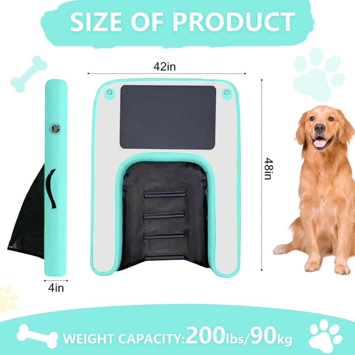 Green inflatable floating dog ramp at the edge of a pool
