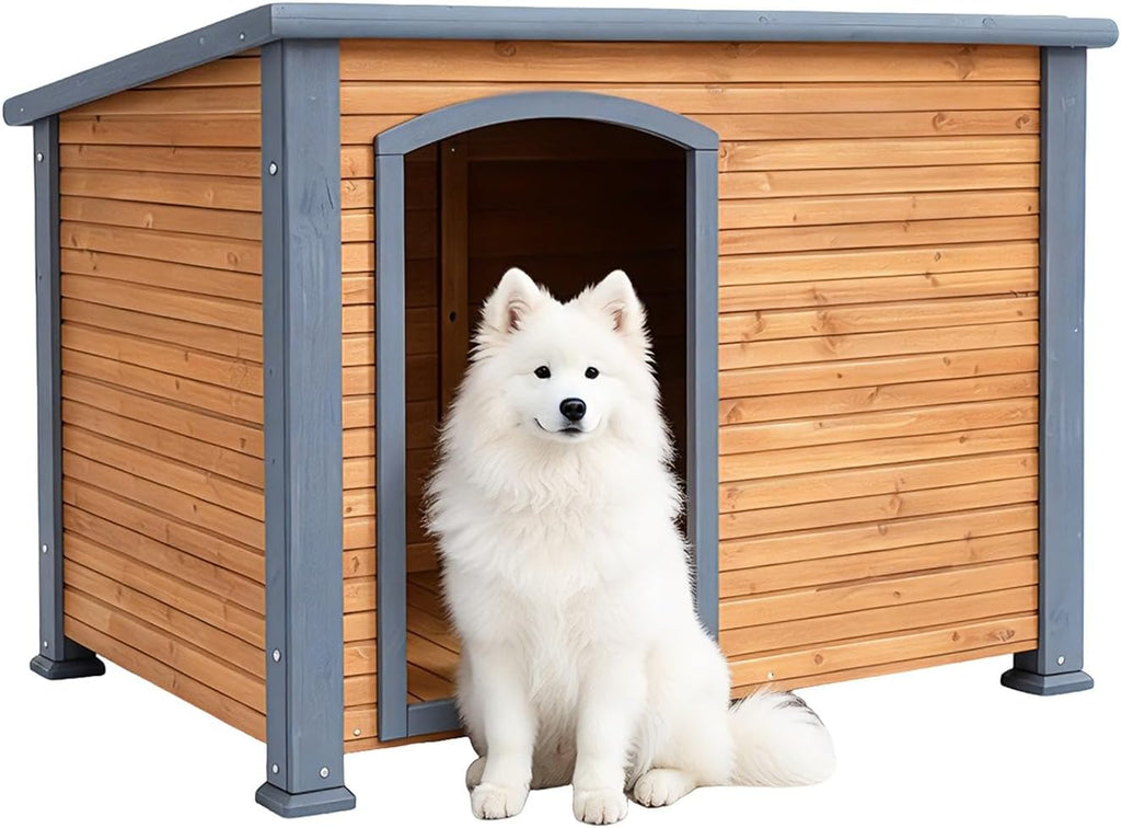 Wooden outdoor dog house with sloped asphalt roof and raised feet