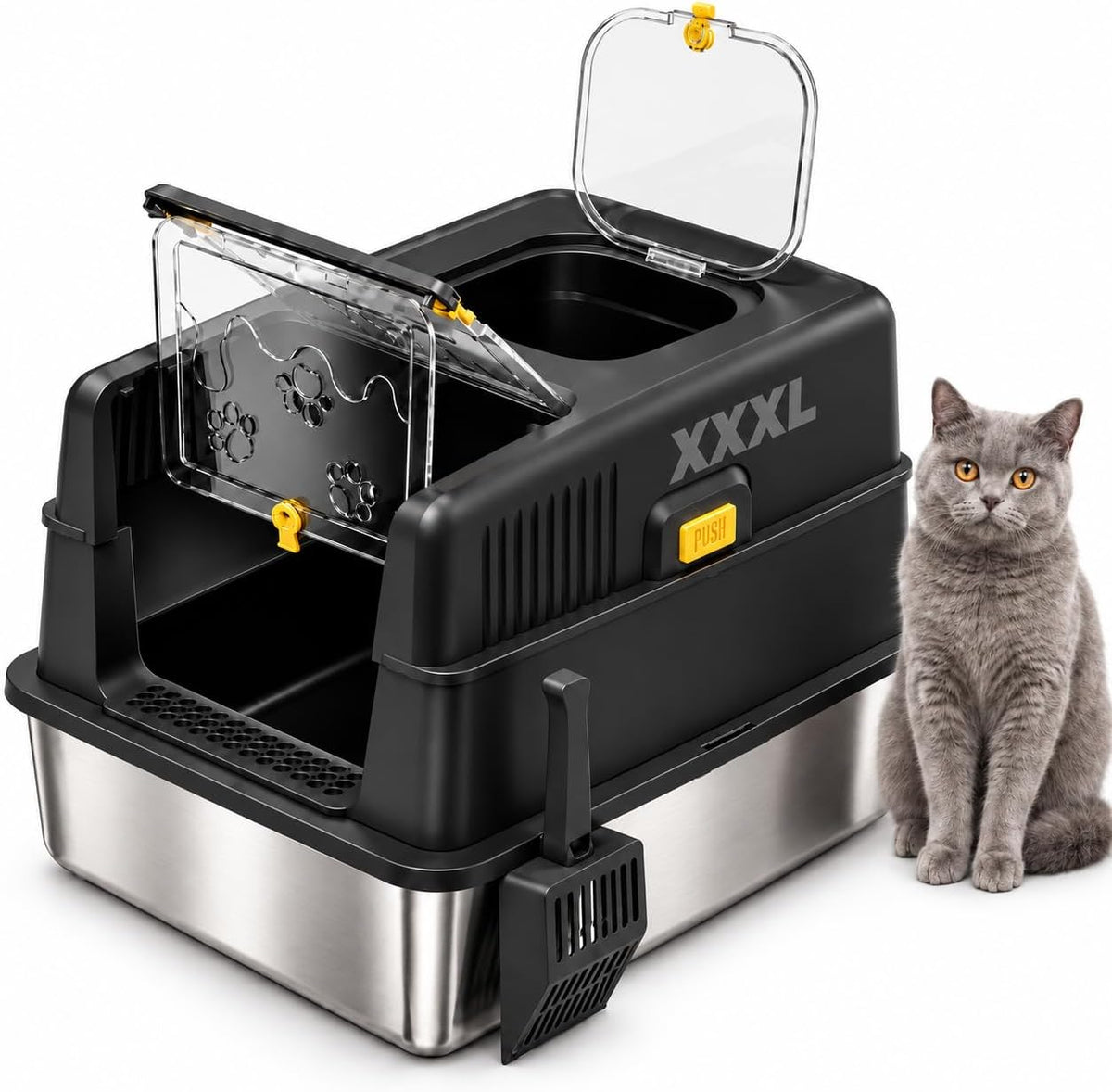 Gray XXXL enclosed stainless steel litter box with lid and scoop – view 2