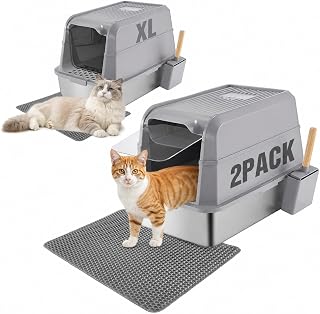2-Pack XL Stainless Steel Cat Litter Boxes with Lids, Enclosed Design