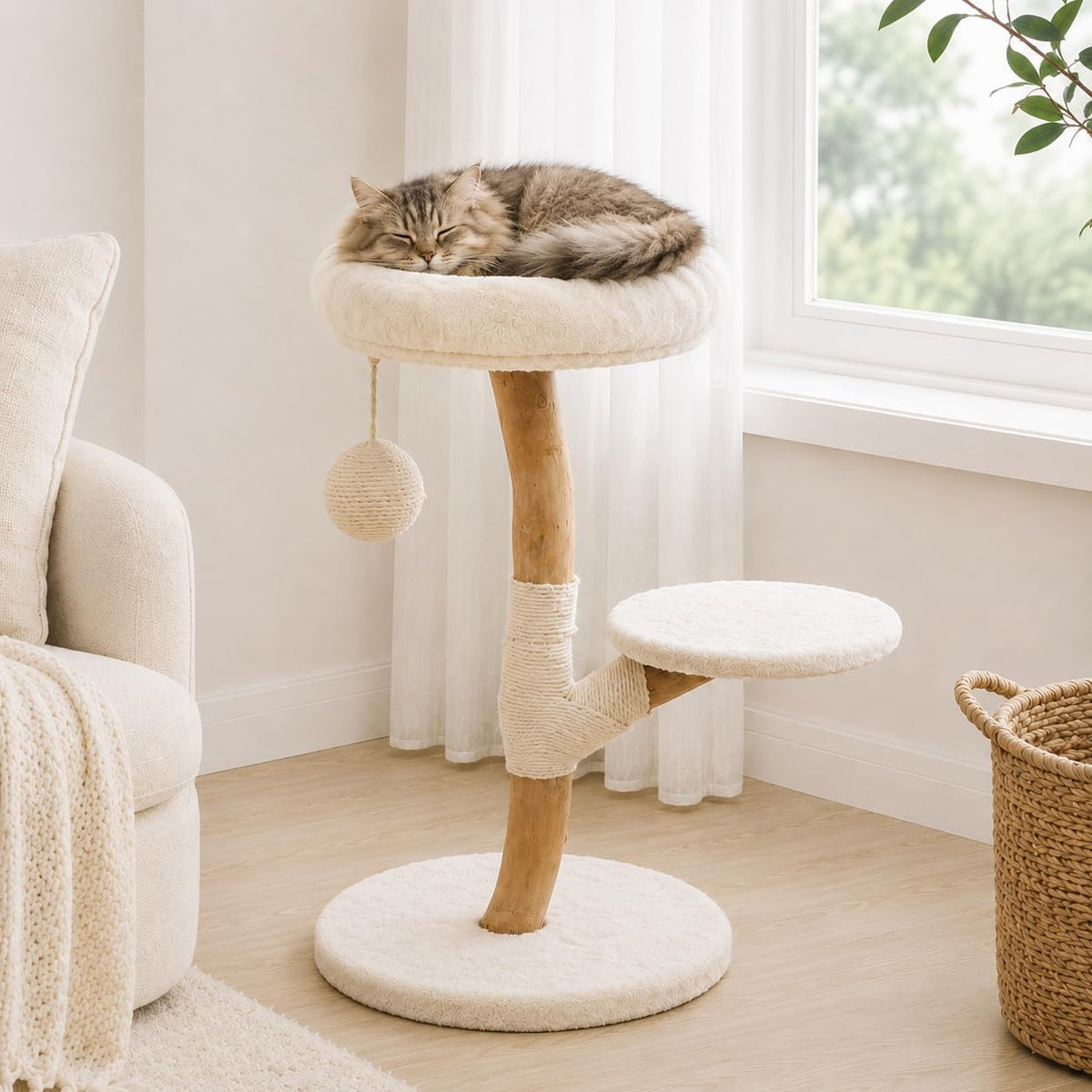 Real wood modern cat tree tower with bed and sisal scratching post
