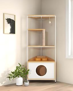 HACHIKITTY Corner Cat Tree with Scratching Post, Condo, Feeding Station and Climbing Platforms
