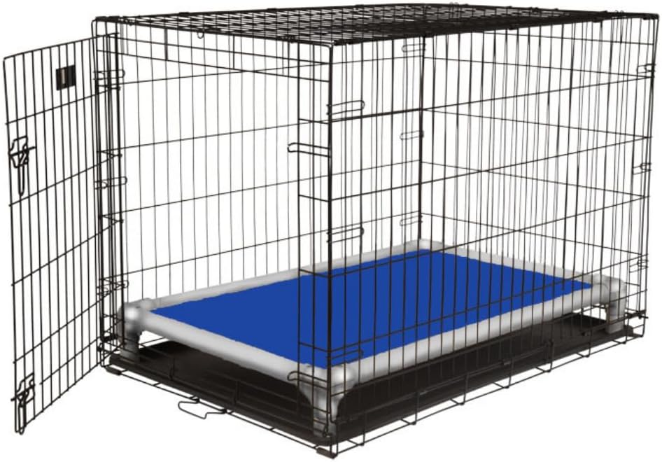 Royal blue vinyl elevated dog bed on silver aluminum frame
