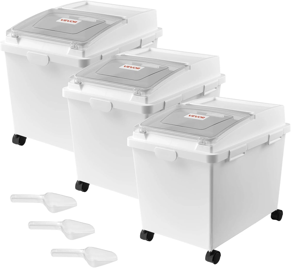 Three white airtight pet food storage bins with wheels and scoops