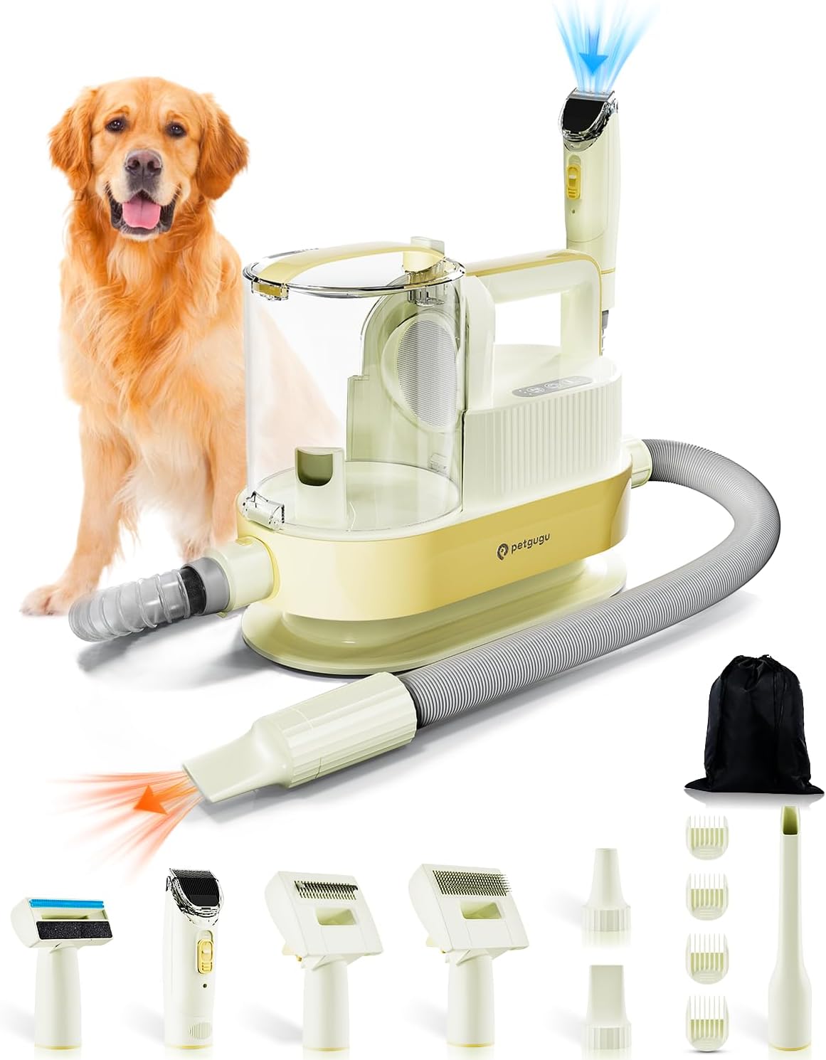 Beige dog grooming vacuum with clipper and brush attachments