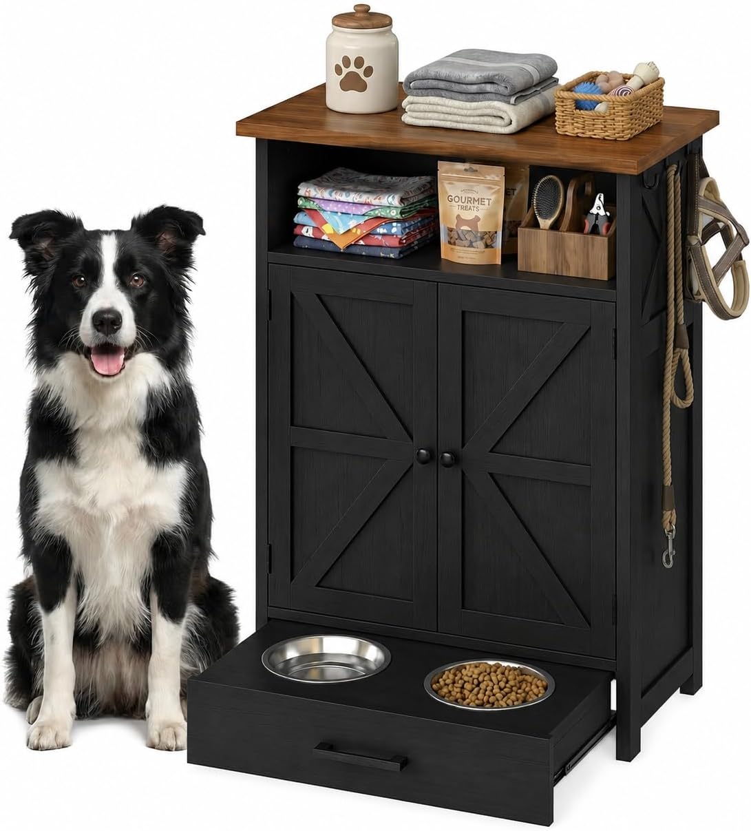 Gray dog feeding station storage cabinet with two raised bowls and side hooks – view 3