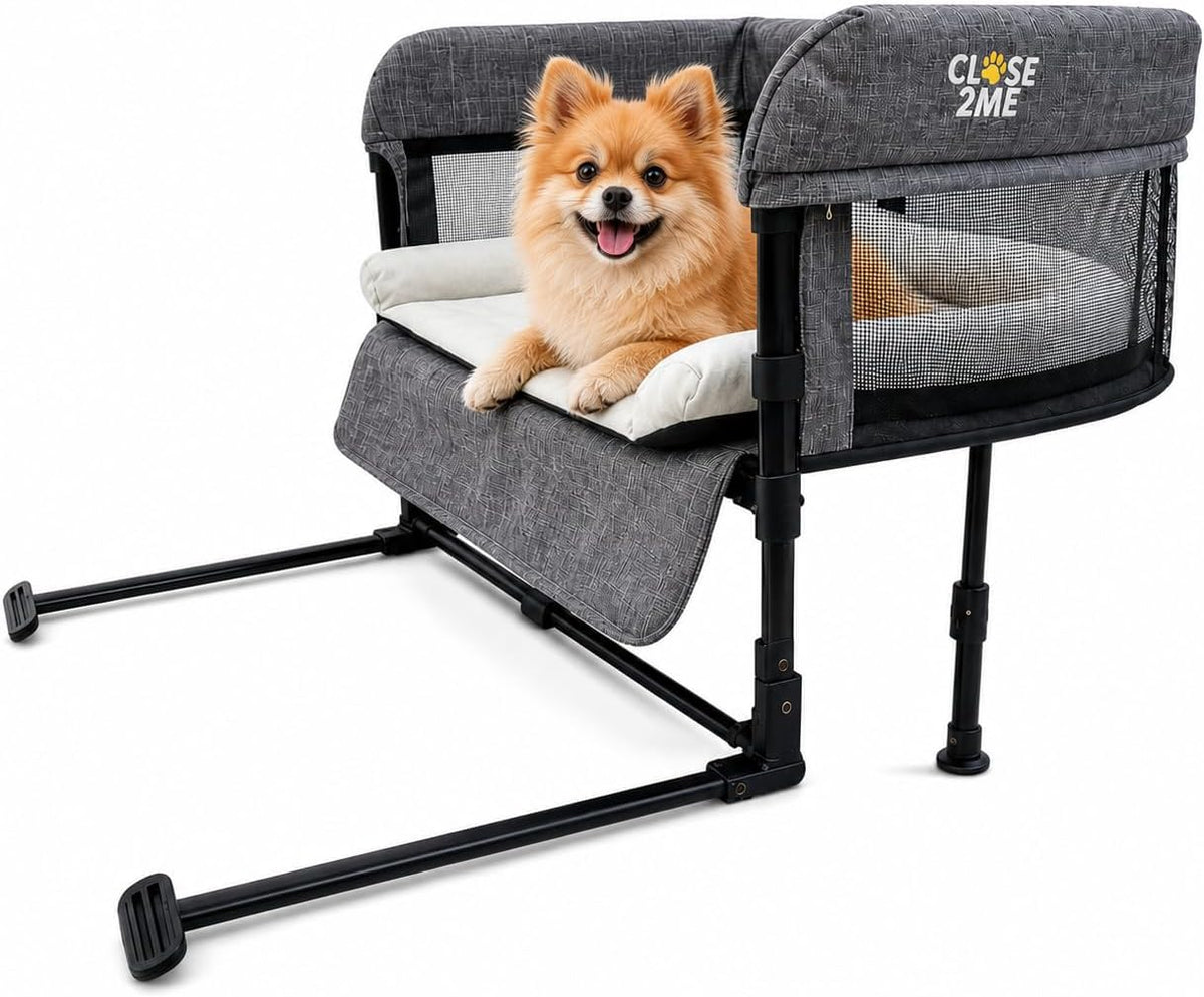 Elevated bedside pet bed attached next to a human bed with a cat resting