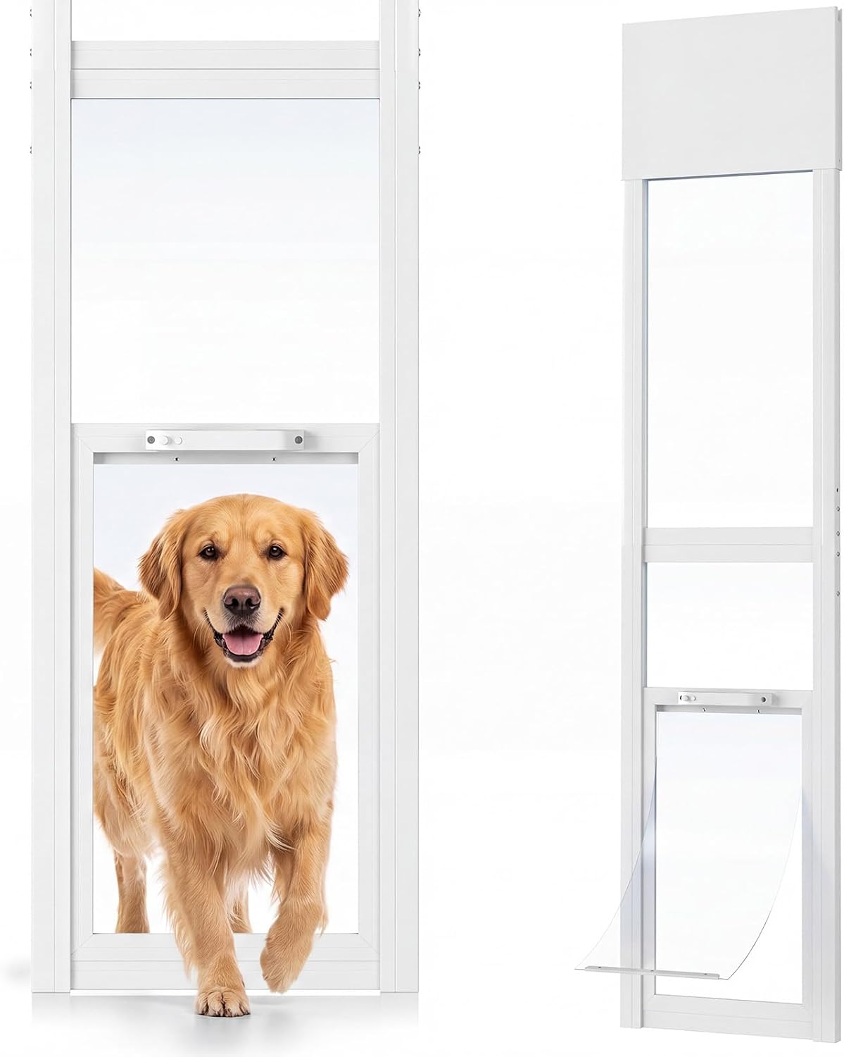 White adjustable-height sliding glass door pet insert with lockable flap