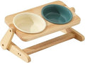 Pet Feeding Station, Double Ceramic Cat Bowl with Wooden Stand, Non-Slip, Sturdy, 15 cm