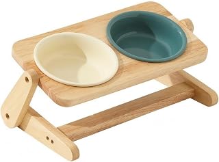 Pet Feeding Station, Double Ceramic Cat Bowl with Wooden Stand, Non-Slip, Sturdy, 15 cm
