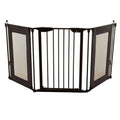 Three-panel extra-wide mesh safety gate mounted across an angled hallway opening