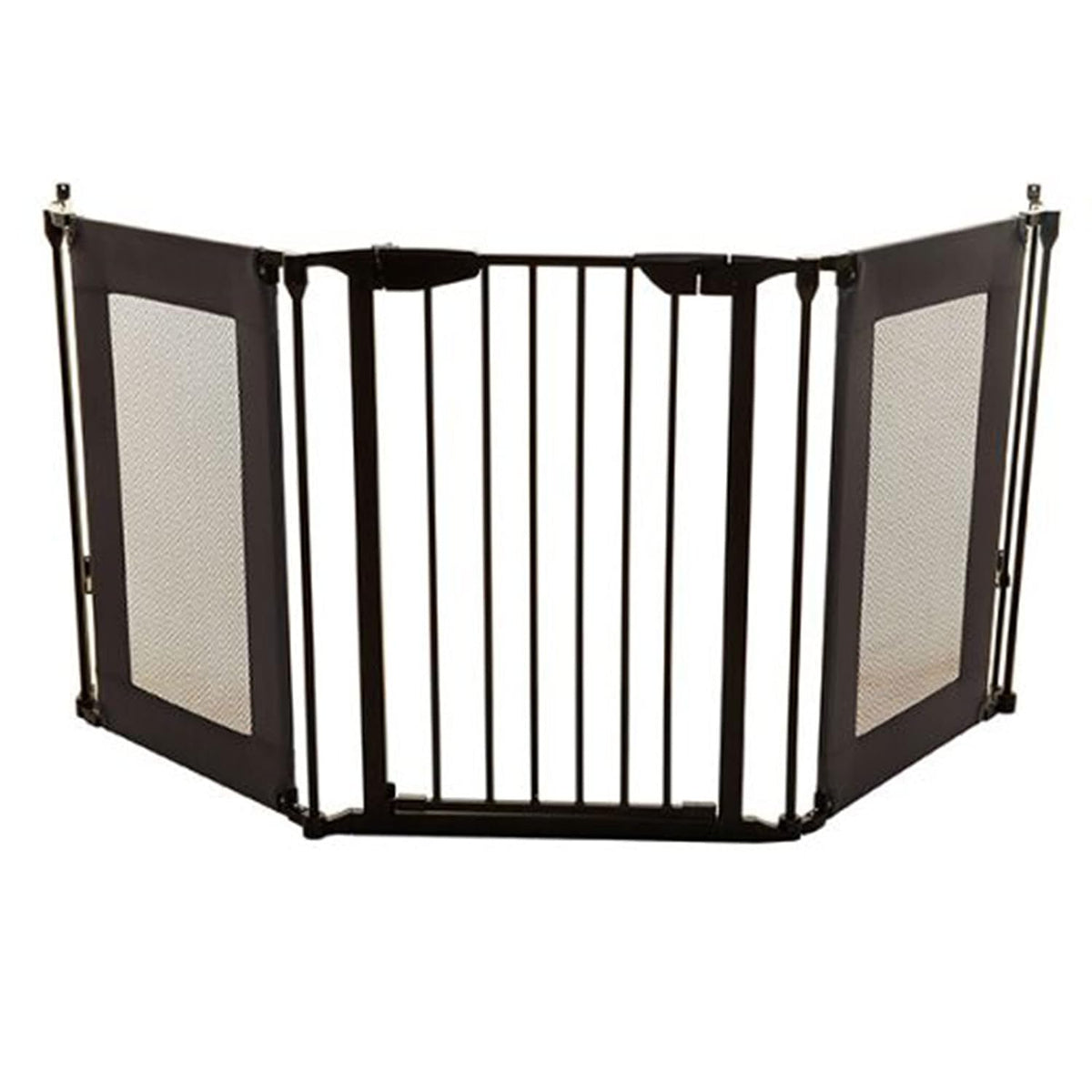 Three-panel extra-wide mesh safety gate mounted across an angled hallway opening