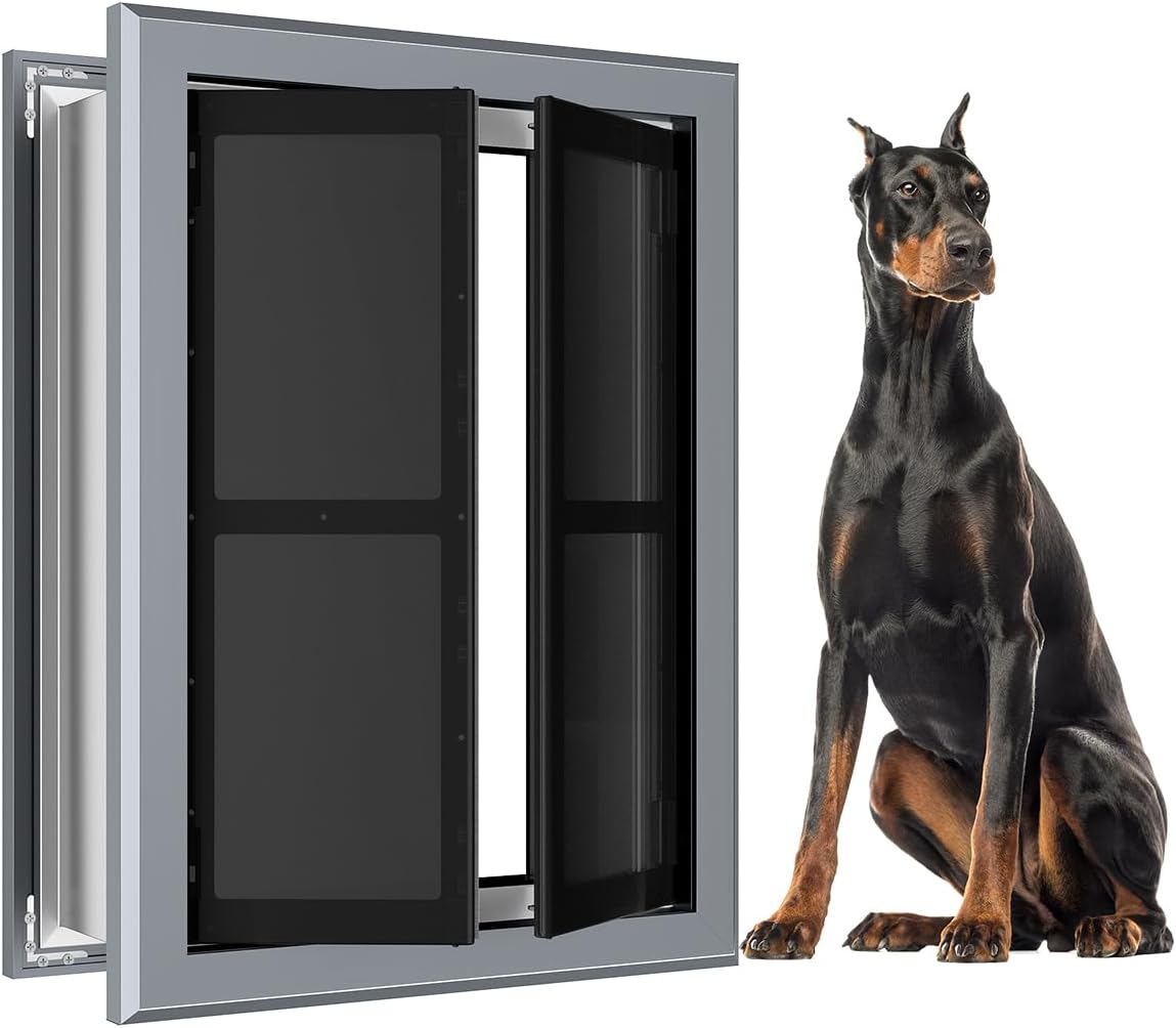 Smoky gray aluminum frame dog door with magnetic flap installed in a wall – view 2