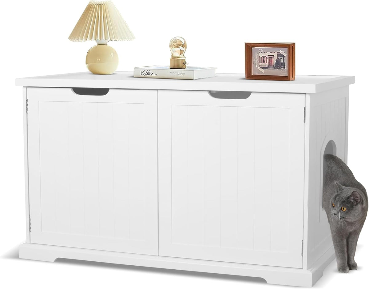 White wooden cat washroom bench litter box enclosure