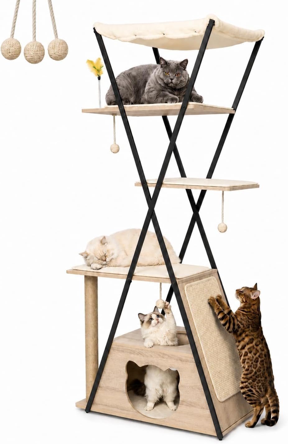 71 inch brown wood cat tree with spacious condo, large perch and hammock – view 2