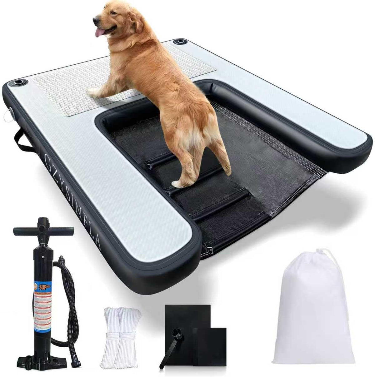 Black inflatable floating dog ramp beside a dock – view 2