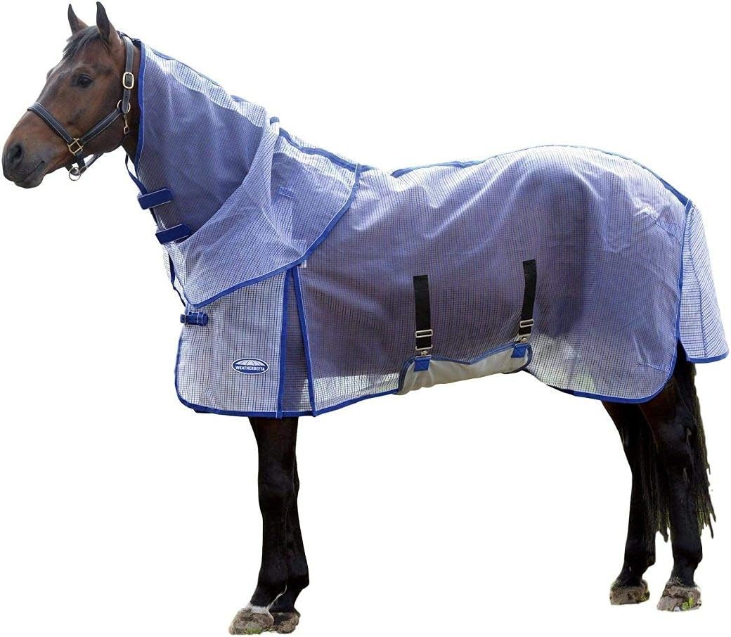 White and blue ripstop horse turnout sheet with belly wrap and detachable neck