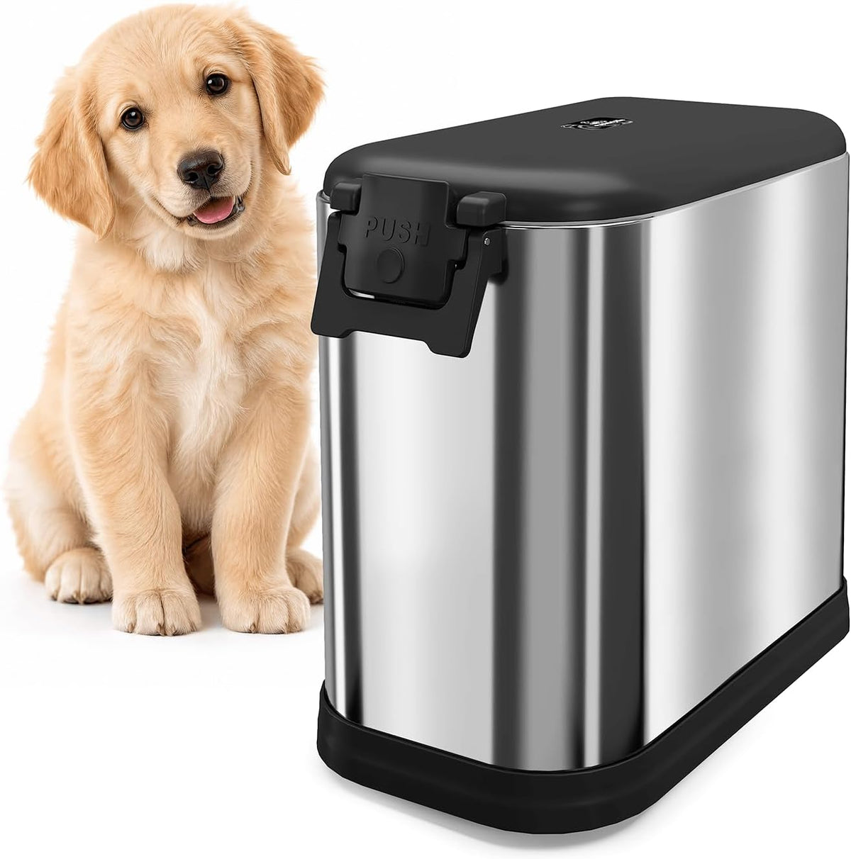 Stainless steel airtight dog food storage container with wheels and scoop – view 3