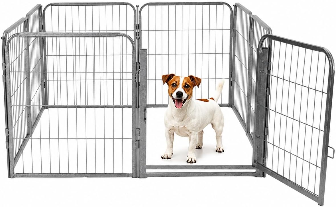 Grey 8 panel metal dog playpen with extra wide gate set up indoors – view 2