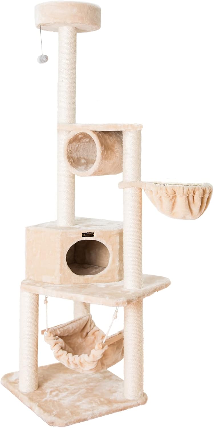 72 inch real wood cat tower with lounge basket and top perch