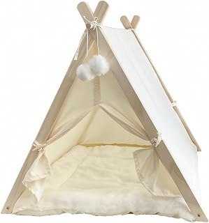 Cat Tent Bed with Hanging Toy, Warm for Winter Naps, Beige