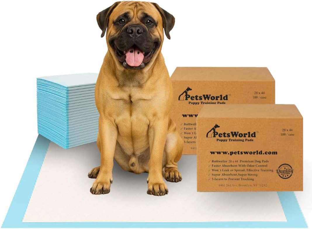 Stack of extra-large white dog training pee pads, 28 x 44 inches