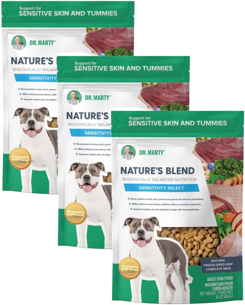 Three 16 oz bags of sensitivity formula freeze-dried raw dog food