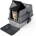 Extra-Large Stainless Steel Cat Litter Box with Lid and Mat, Enclosed, Dark Gray