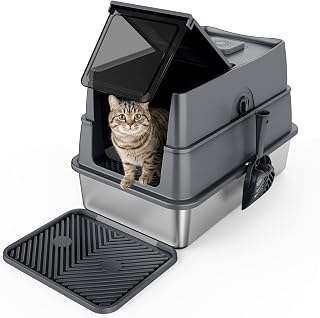 Extra-Large Stainless Steel Cat Litter Box with Lid and Mat, Enclosed, Dark Gray
