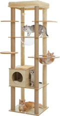 Beige 71 inch wood cat tree with two clear acrylic hammocks
