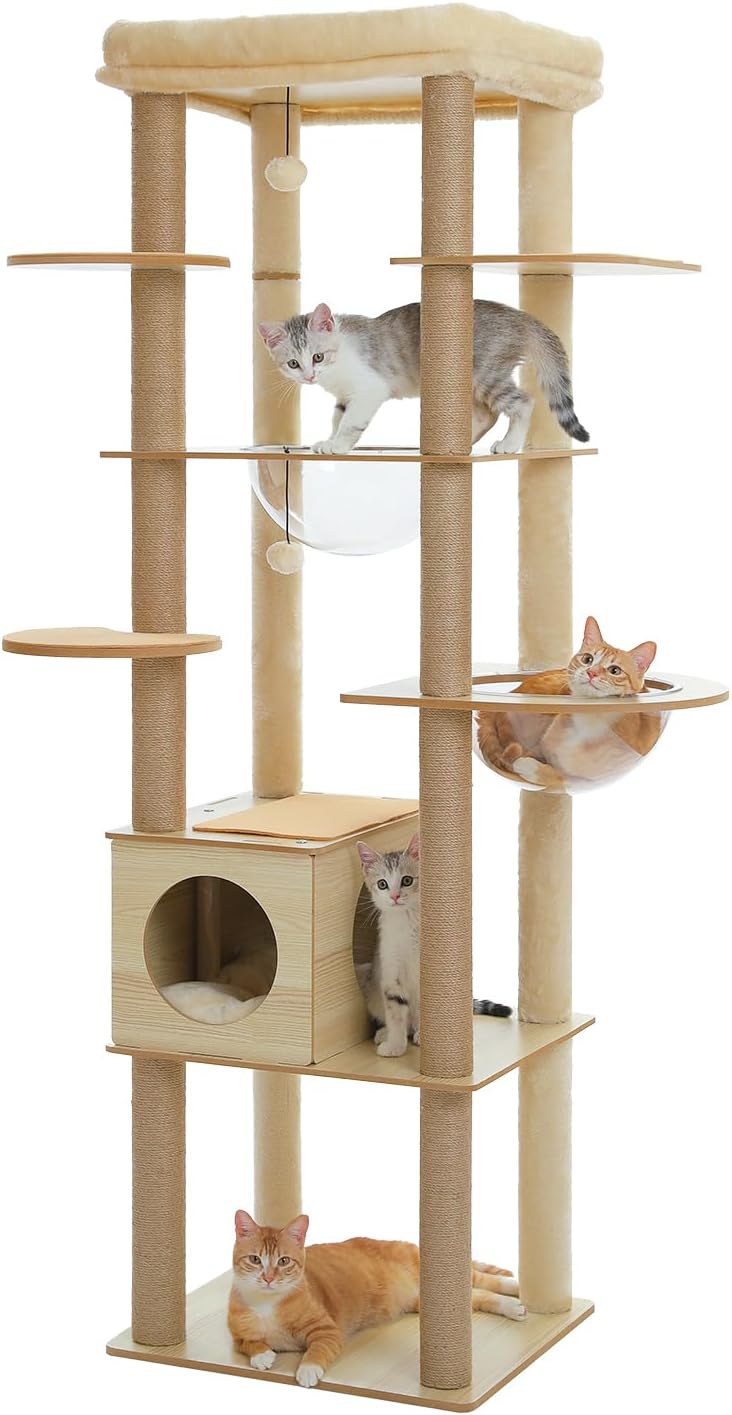 Beige 71 inch wood cat tree with two clear acrylic hammocks