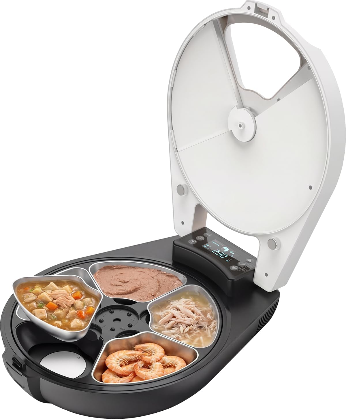 Automatic wet food cat feeder with cooling and heating compartment
