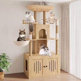 Multi-Level Cat Tree with Litter Box Enclosure, Hidden Litter Box Furniture Cat Tower