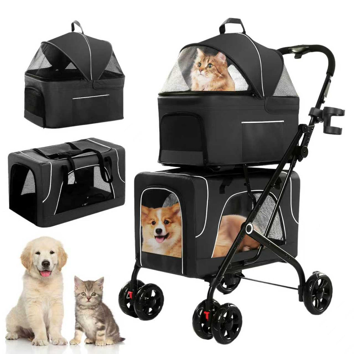 Black double pet stroller with two detachable ventilated carriers