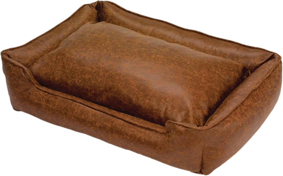 Brown faux leather bolster dog bed, medium size