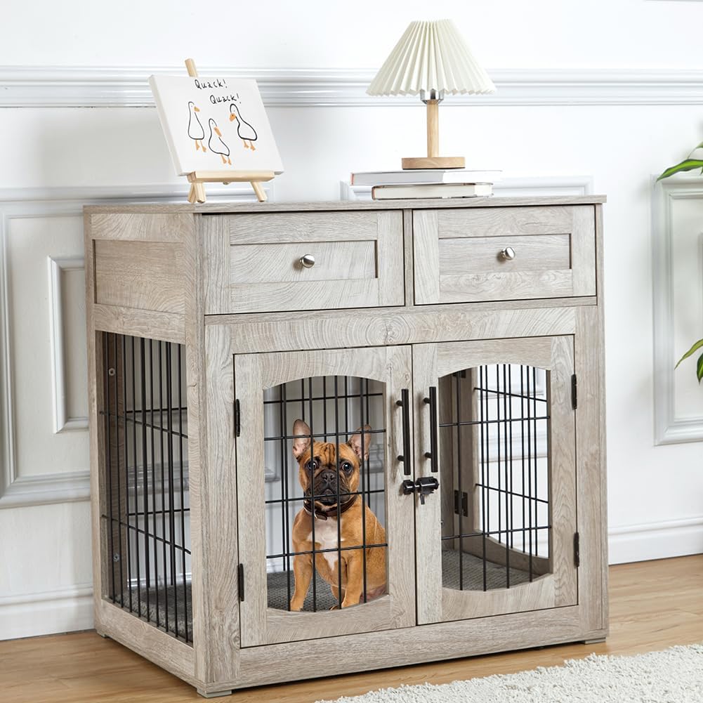 Rustic grey wooden dog crate table with two drawers and three doors