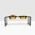 Tall smoke grey acrylic dog bowl stand with two metal bowls