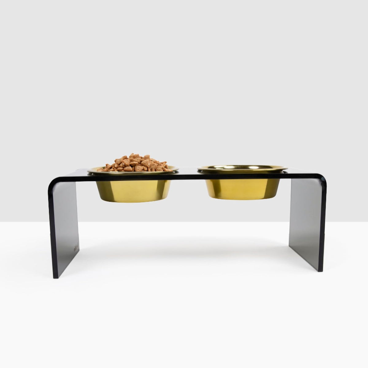 Tall smoke grey acrylic dog bowl stand with two metal bowls