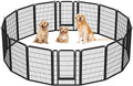 Black 16-panel metal dog playpen set up in a yard with latch door