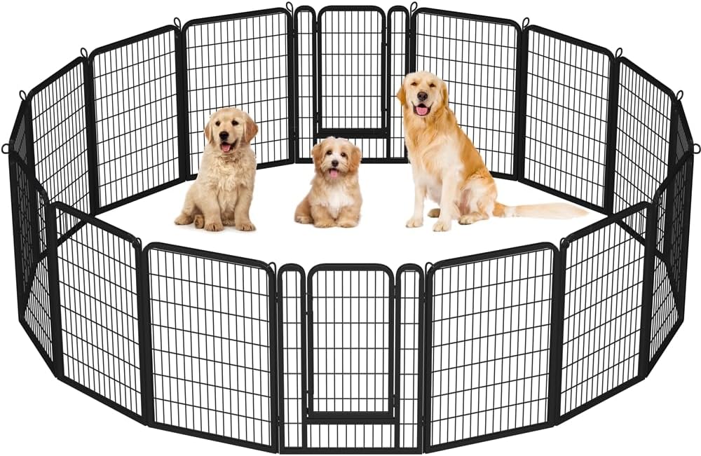 Black 16-panel metal dog playpen set up in a yard with latch door