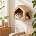 Bohemian Rattan Cat Wall Bed, Handwoven House-Shaped Hammock for Small to Medium Cats