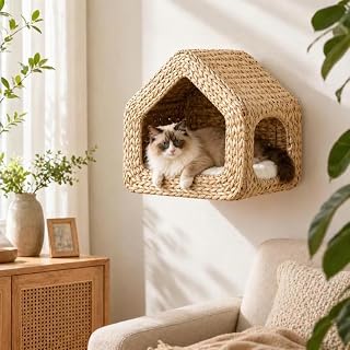 Bohemian Rattan Cat Wall Bed, Handwoven House-Shaped Hammock for Small to Medium Cats