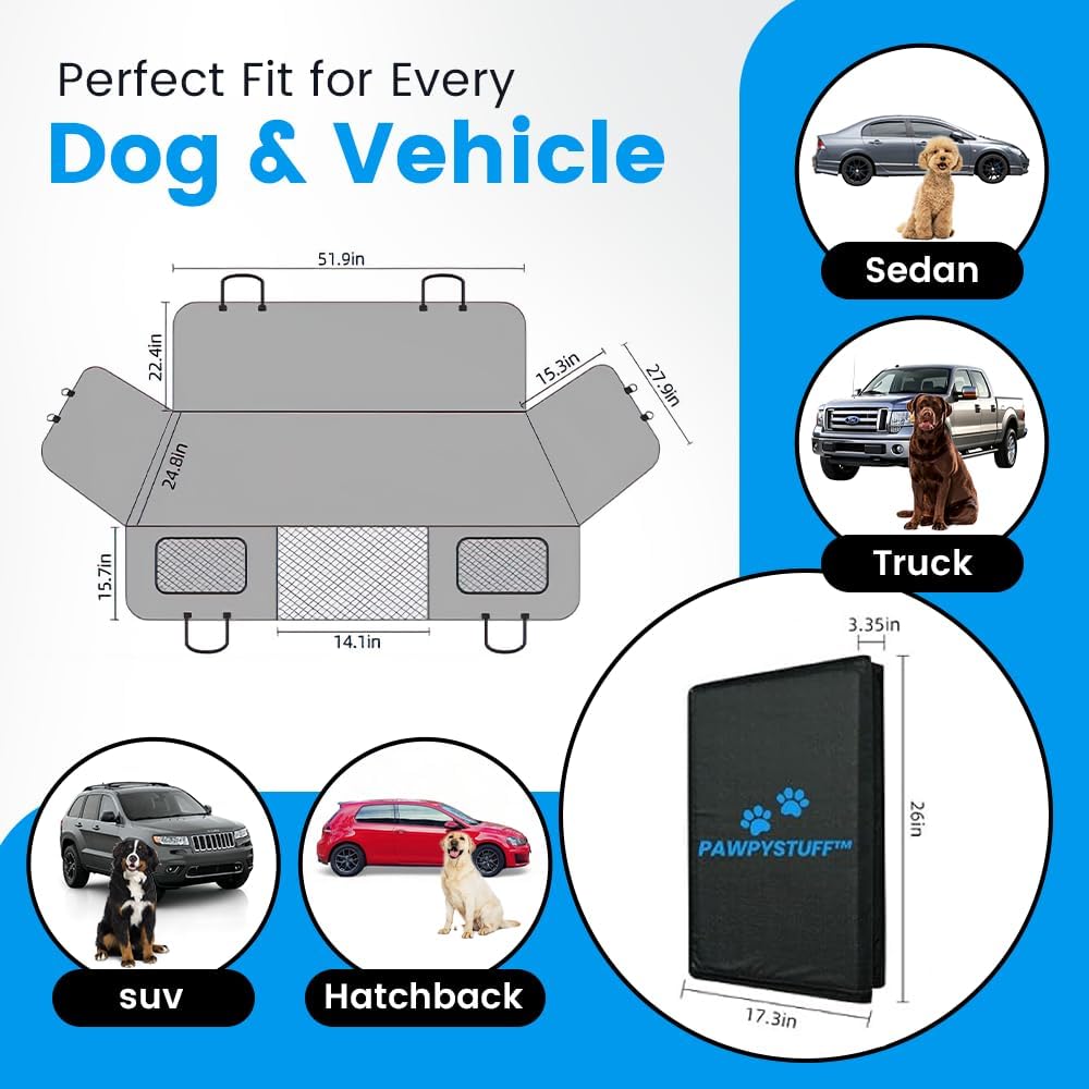 Black hard bottom dog backseat extender creating a flat platform in a car back seat