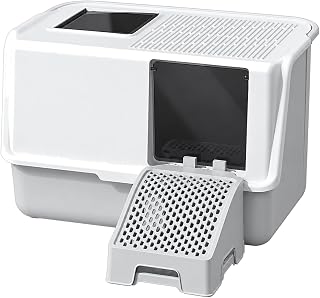 High-Sided Enclosed Cat Toilet with Perforated Entrance Base, Spray-Resistant, Hinged Front Flap, White Gray