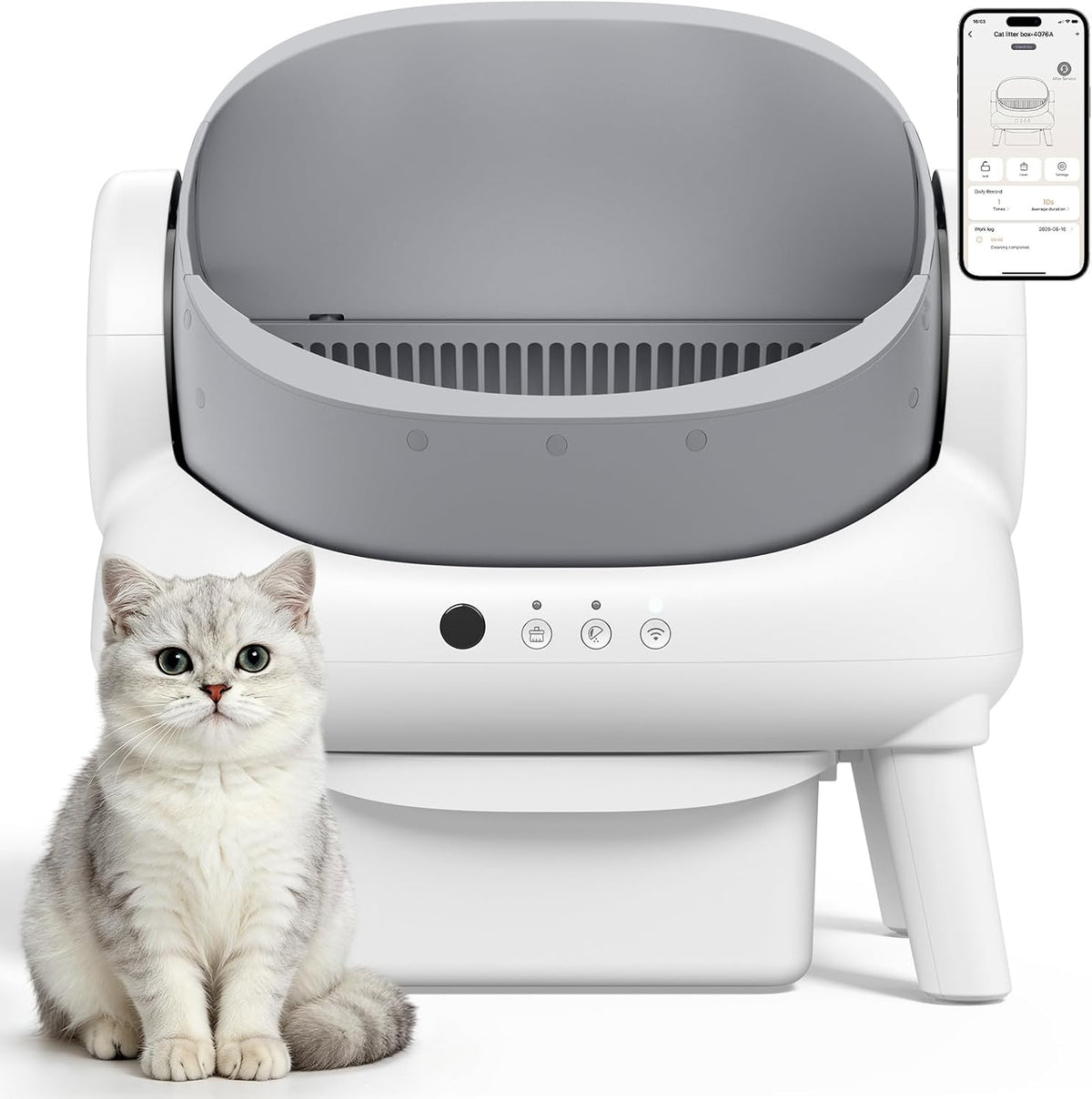Cream white open top self-cleaning litter box with wide entry