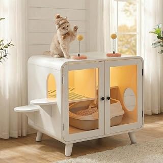 Hidden Cat Litter Box Enclosure with RGB LED Light, Glass Doors, Stairs, Pom-Pom Toys, TV-Style Cabinet, White