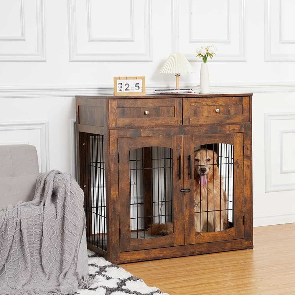 Rustic grey wooden dog crate table with two drawers and three doors – view 2