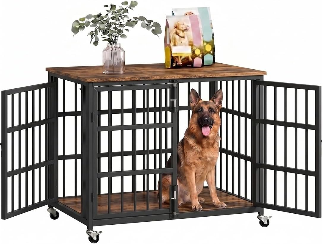 Black 48 inch heavy duty steel dog crate on lockable wheels – view 2